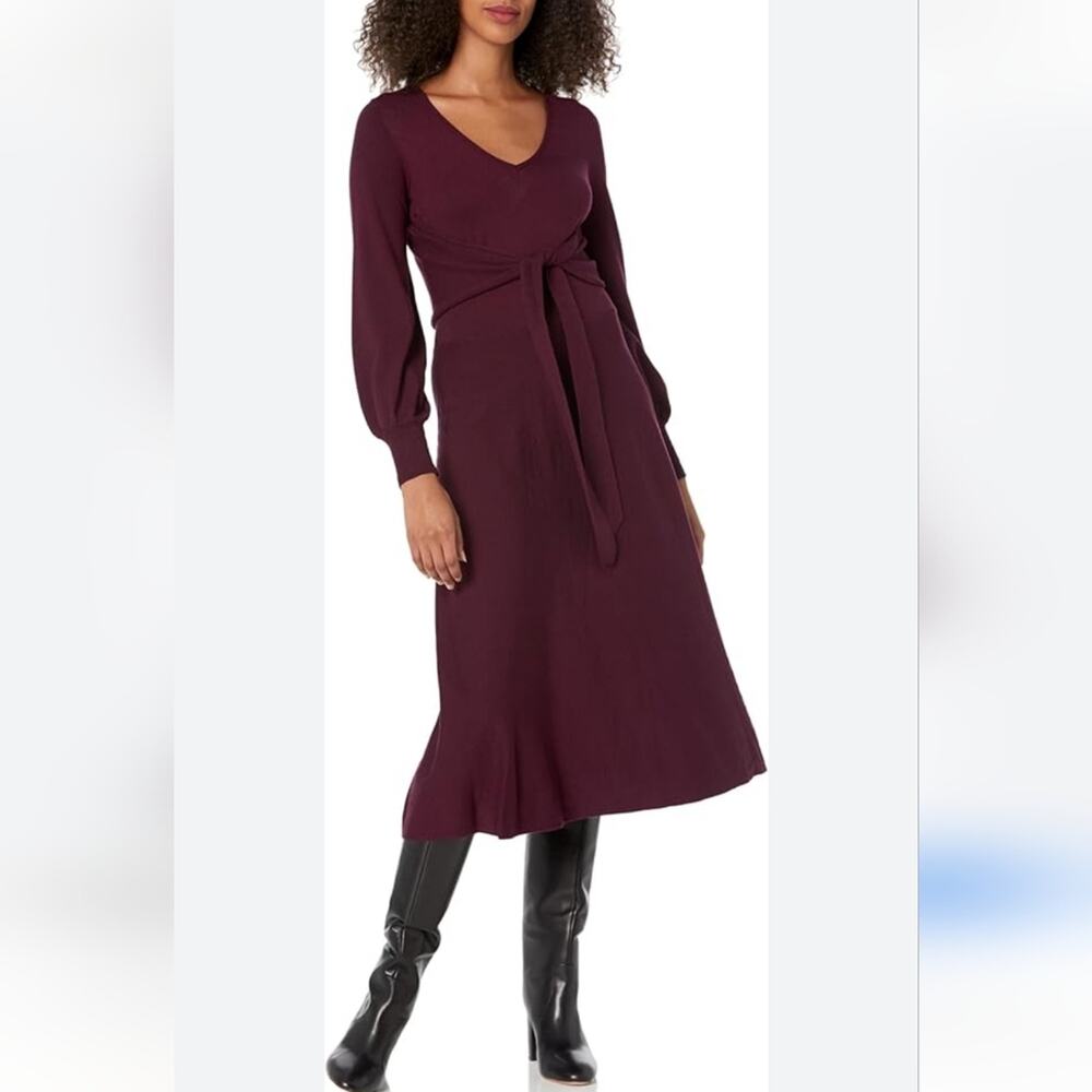 Taylor V-Neck Puff Sleeve Tie Waist A-line Midi Knit Sweater Dress Size XL